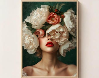 Bold Floral Woman Wall Art Printable | Red Lip Peony Portrait | Moody Botanical Digital Download | Dramatic Feminine Fashion-Inspired Decor