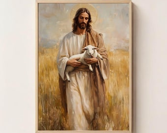 Christian Wall Art of Jesus Holding a Lamb – Jesus Christ Digital Painting | Biblical Faith Decor, Lamb of God Inspirational Print