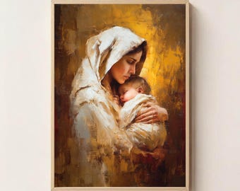 Eingewickelt in Anmut- Jungfrau Maria und Jesuskind druckbare Kunst, katholische Wanddekoration, religiöse Mutter und Kind digitaler Download, Glaubenskunst