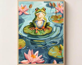 Frog Girl Wall Art Printable – Whimsical Water Lily Fairy Nursery Decor, Magical Pond Artwork for Kids Room, Digital Download