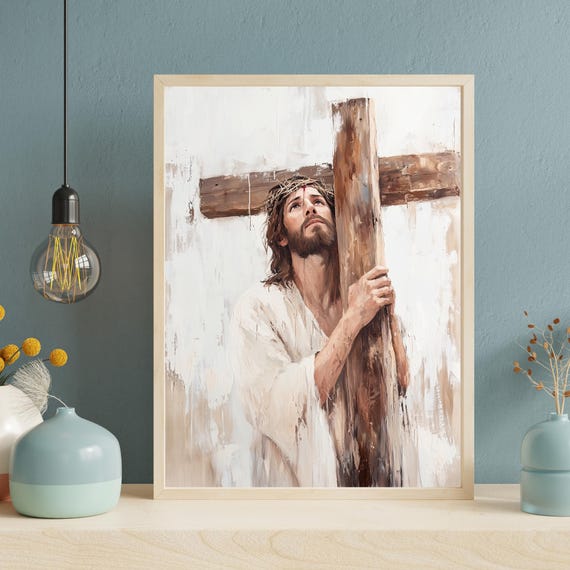 【美品】888Ｈｚ Jesus Christ ゴールド マドモアゼル・愛 巾着付 Jesus Carrying the Cross Digital Wall Art - Christian Printable