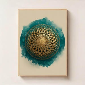 May include: A framed art print featuring a gold filigree sphere set against a teal watercolor background. The sphere has an intricate, openwork design. The artwork is set against a cream-colored backdrop.