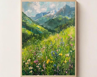 Arte de parede dos Alpes Suíços – Impressão de paisagem montanhosa da Suíça – Download digital de prado de flores silvestres – Pôster de natureza alpina