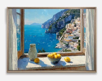 Amalfi Coast Window View – Italian Lemon Still Life Wall Art, Coastal Mediterranean Print,  Cottage Wall Decor, (Digital Printable Download)