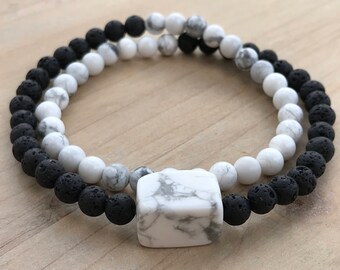 Envelopper autour de Bracelet, Bracelet Howlite, lave des hommes Pierre Bracelet, Bracelet homme poignet Mala, de guérison Bracelet des hommes, Bracelet de calme