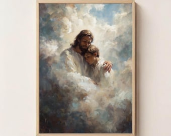 Jesus Embracing in Heaven Art Print, Jesus Wall Art, Religious Home Decor, Faith Based Art, Christian Art, Bible Art, Jesus Printable