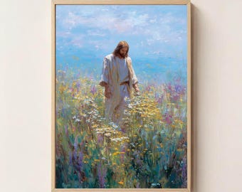 Light of the Meadow Art Print, Christian Wall Art, Jesus in a Field of Flowers, Bible Verse Art, Jesus Wall Art, Religious Home Decor