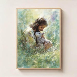Jesus Holding a Lamb in Gentle Embrace – Christian Digital Painting, Biblical Wall Art, Faith and Comfort Home Decor, The Good Shepherd