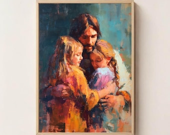 Jesús abrazando a niños, arte mural de Jesús, imprimible de Jesús, decoración religiosa para el hogar, arte basado en la fe, impresión de arte cristiano, arte bíblico