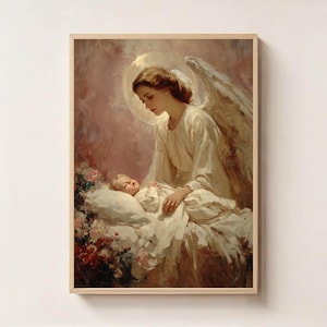 Guardian Angel Watching Over Child – Christian Digital Art Print, Spiritual Wall Decor, Angel Protecting Child, Heavenly Nursery Blessing