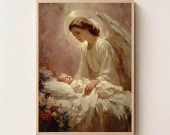 Guardian Angel Watching Over Child – Christian Digital Art Print, Spiritual Wall Decor, Angel Protecting Child, Heavenly Nursery Blessing