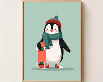 Skateboard Penguin Print: Whimsical Kids Room Wall Art (Digital Download)