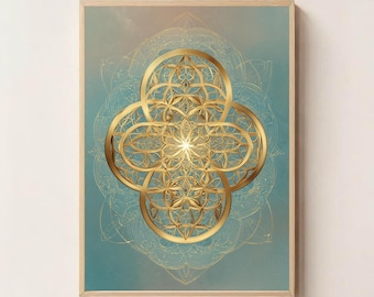 Gouden oneindige muurkunst heilige geometrie | Spirituele digitale print | Kunstwerk met metafysisch symbool in blauwe en goudtinten, meditatiekunstwerk