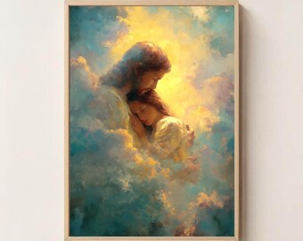 Heavenly Embrace of Jesus and Child Art Print, Bible Art, Christian Art Print, Religious Home Decor, Christian Printable, Jesus Wall Art