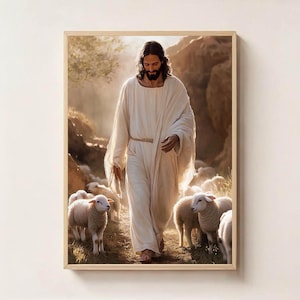 Jesus in the Pasture Digital Wall Art - Christian Printable | Faith-Based Religious Home Decor | Instant Download Spiritual Art