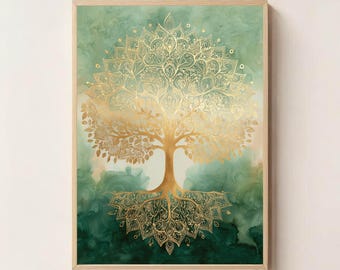 Baum des Lebens Heilige Geometrie Wandkunst, mystisches spirituelles Dekor, Boho Meditation Print, Natur Energie Symbol, Kunstwerk Himmlische Magie