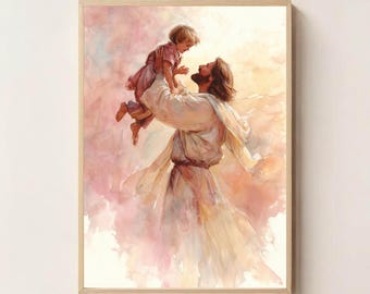 Jesus with a Child in Joy, Jesus Wall Art, Jesus Printable, Religious Home Decor, Faith Based Art, Christian Art Print, Bible Art