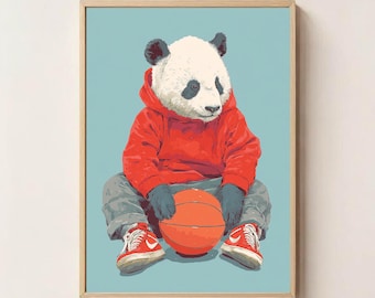 Cute Panda Wall Art Print, Modern Nursery Wall Art, Animal Illustrations, Digital Download, Animal Wall Print, Basketball Wall Decor