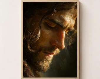 Porträt von Jesus im innigen Gebet | Heilige Nahaufnahme Christi | Emotionale Biblische Wand Kunst | Christlicher Dekor des Glaubens, des Friedens und des Lichts