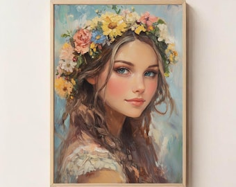 Goddess of Summer Wall Art | Elegant Feminine Digital Download | Floral Wall Decor,  Boho Nature Woman Print, Boho Feminine Portrait