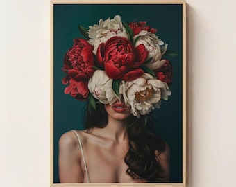 Dark Floral Portrait Wall Art | Woman with Red Peony Crown Printable | Moody Botanical Digital Download | Feminine Art for Home Decor