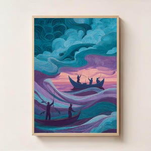 May include: Framed art print depicting a stylized seascape with boats and figures. The artwork features swirling blue, purple, and teal waves and clouds, with silhouettes of people in boats. The frame is a light wood color.
