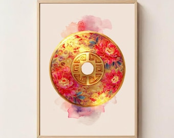 Wealth Coin Wall Art – Feng Shui Abundance Digital Print, Energy Infused Prosperity Symbol for Money & Luck