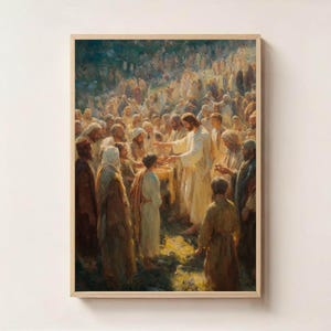 Może przedstawiać: Oprawiony obraz religijny przedstawiający scenę biblijną z centralną postacią w białych szatach otoczoną przez tłum. Dzieło sztuki charakteryzuje się ciepłymi tonami, postaciami w różnych szatach i miękkim, rozproszonym światłem.