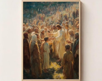 Jesus Feeds the 5000 – Miracle of Loaves and Fish Digital Art Print, Christian Wall Decor, Bible Story Printable, Gospel Poster