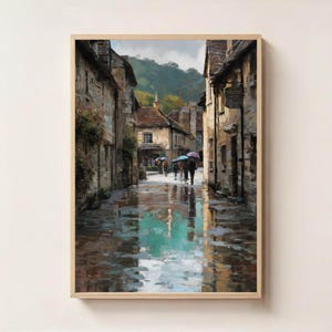 Väggkonst i Lacock Village England, tryck med regniga gator, digital affisch i Cotswolds, historisk brittisk landsbygdsinredning, presentidé