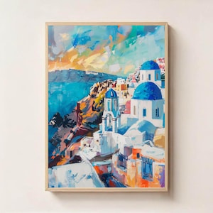 Santorini Wall Art – Blue Dome Greece Digital Painting, Cycladic Island Printable Decor, Greek Island Wall Art, Greece Art Print