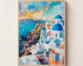 Santorini Wall Art – Blue Dome Greece Digital Painting, Cycladic Island Printable Decor, Greek Island Wall Art, Greece Art Print
