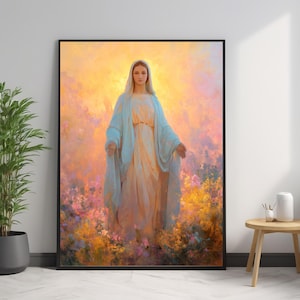 Queen of Heaven – Blessed Virgin Mary Print, Catholic Wall Art, Marian Devotion, Christian Religious Painting, Holy Mother Artwork image 2