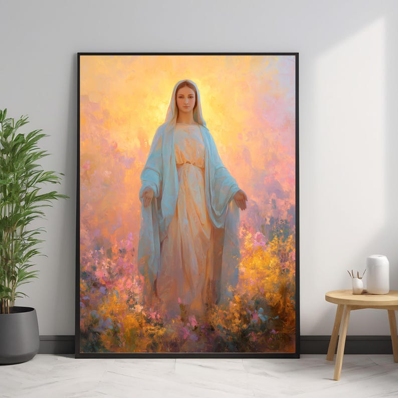Queen of Heaven – Blessed Virgin Mary Print, Catholic Wall Art, Marian Devotion, Christian Religious Painting, Holy Mother Artwork image 2