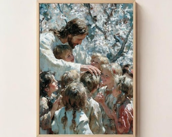 Jesús bendiciendo a los niños, arte de Jesús con niños, imprimible de Jesús, decoración religiosa para el hogar, arte basado en la fe, impresión de arte cristiano, arte bíblico