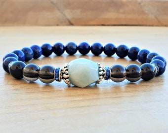 Mind Clarity Bracelet, Lapis Lazuli, Smoky Quartz, Aquamarine, Yoga Bracelet, Spiritual Bracelet, Crystal Healing, Mala Bracelet, Bohemian