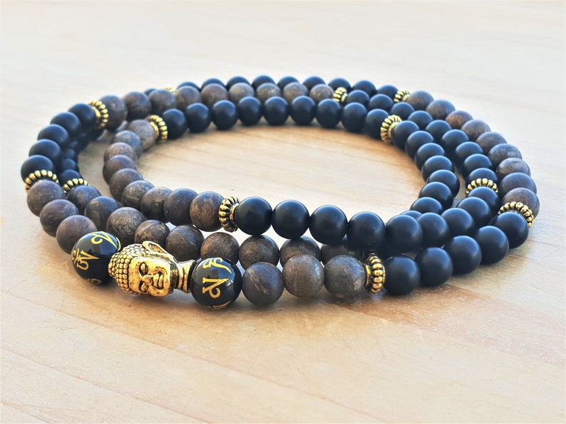 Yoga Bracelet 108 Wrap Bracelet Spiritual Bracelet Buddha Bracelet Wrist Mala Bronzite Black Onyx Boho Mala Beads Energy Bracelet