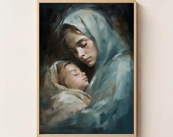 Mother Mary and Baby Jesus Digital Art, Catholic Printable Wall Decor, Holy Madonna and Child Download, Religious Nursery Poster, Faith Art