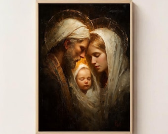 Holy Family Painting – Mary, Joseph and Baby Jesus, Christian Wall Art, Nativity Scene, Sacred Family Religious Home Decor, Bible Art