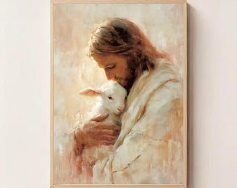 Jesus with Lamb – The Good Shepherd Christian Wall Art, Gentle Savior, Lamb of God, Religious Faith Home Decor Printable, Jesus Wall Art