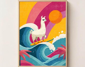 Surfing Llama Wall Art | Funny Animal Poster | Colorful Nursery & Kids Room Print