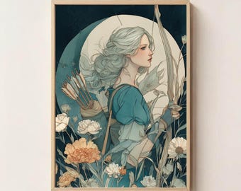 Artemis Greek Goddess Portrait – Greek Mythology Wall Art, Ancient Greece Goddess Decor, Spiritual Art, Lunar Goddess Decor