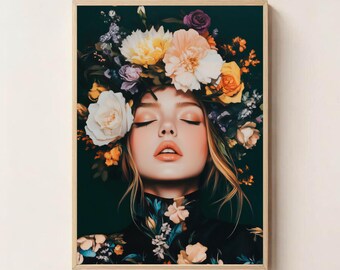 Floral Portrait Wall Art Printable | Moody Woman Flower Crown Art | Digital Download | Feminine Face Art | Dark Botanical Home Decor
