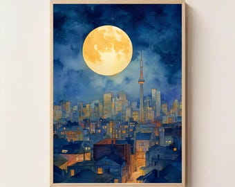 Luna sopra lo skyline della città Wall Art / Luna piena notturna urbana stampabile / Paesaggio urbano digitale da scaricare