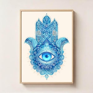 May include: A framed print depicting a blue Hamsa hand with an eye motif. The artwork displays elaborate patterns and varying shades of blue on a cream backdrop, presented within a light wood frame, suitable for wall decor.