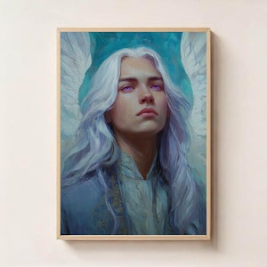Blue-Haired Guardian Angel – Ethereal Fantasy Angel Wall Art, Digital Download, Celestial Wall Art, Mystical Divine Being Print, Angelic Art