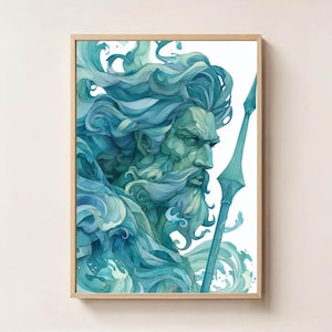 Poseidon God of the Sea Art Print,  Greek Mythology Wall Art, Greek Mythology Ocean Art, Spiritual Art, Greek God Printable