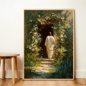 Jesus knackar på dörren konsttryck, Jesus väggkonst, Jesus utskrivbar, religiös heminredning, trosbaserad konst, kristen konsttryck, bibelkonst bild 2
