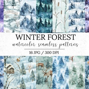 May include: A collection of watercolor seamless patterns with a winter forest theme. The patterns feature snowy landscapes, evergreen trees, and wildlife in shades of blue, purple, and green. The text "WINTER FOREST watercolor seamless patterns" is displayed.