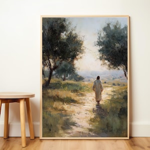 The Path of Peace – Jesus Walking Digital Print, Tranquil Christian Art, Spiritual Landscape Wall Decor, Faith-Based Printable Poster